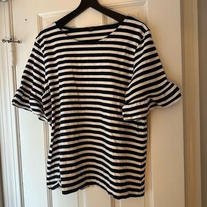 J. Crew Navy and White Striped Ruffle Short Sleeve Top. Large.